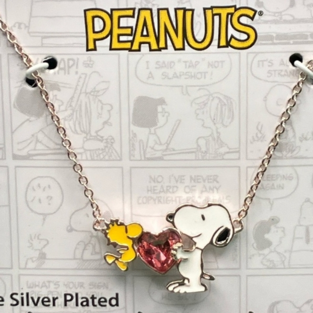 Peanuts Silver Plated Snoopy & Woodstock Necklace with Pink Heart Crystal